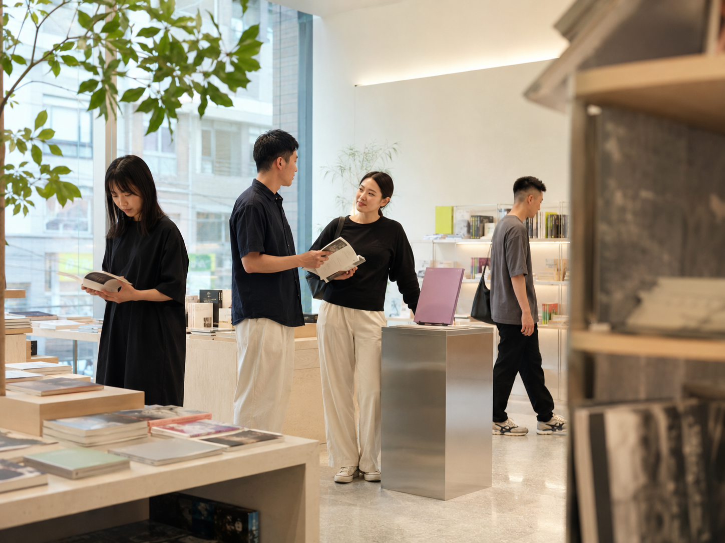 Young adults browsing and talking inside a bright Hong Kong cultural space