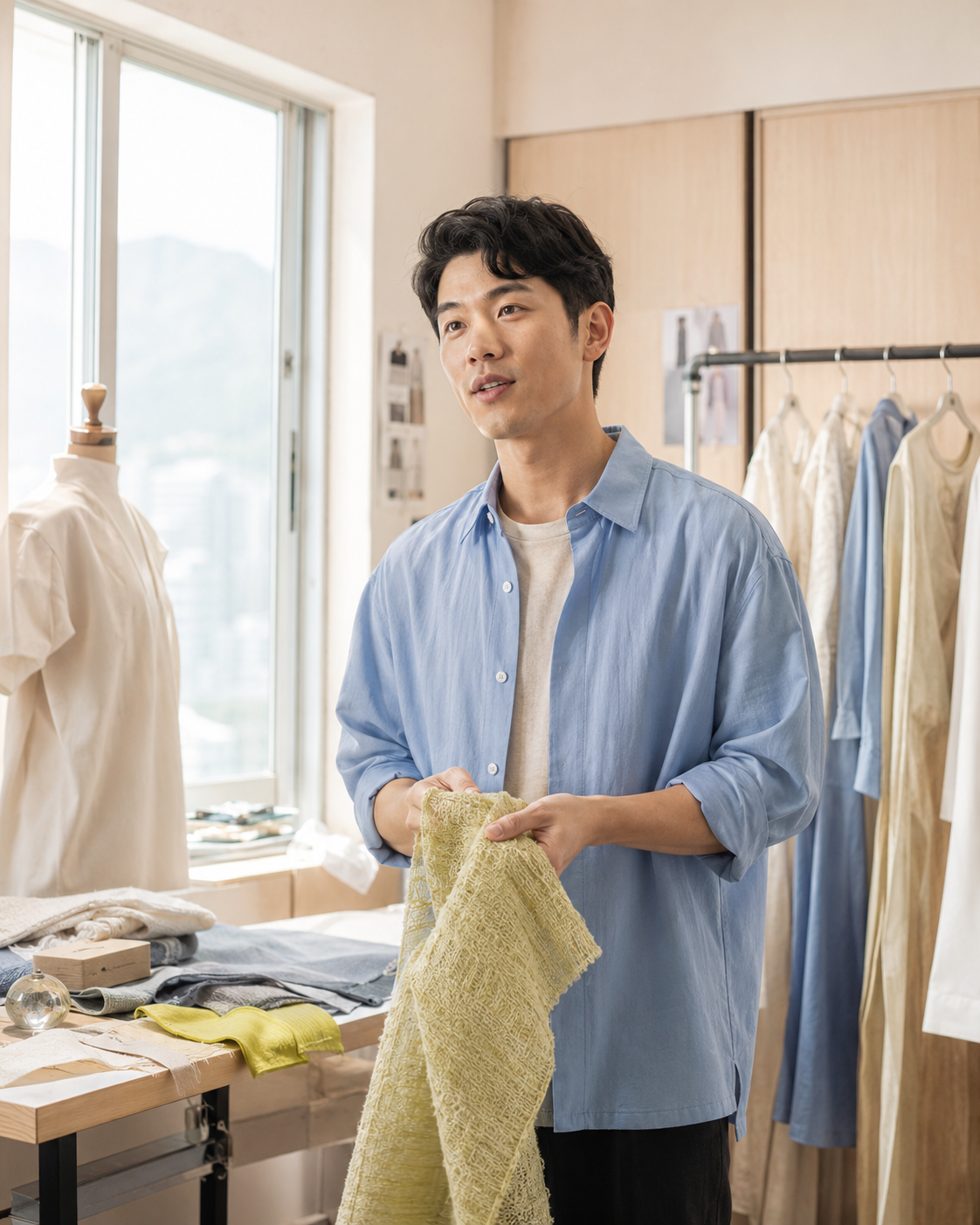 Independent fashion designer in a sunlit Hong Kong atelier