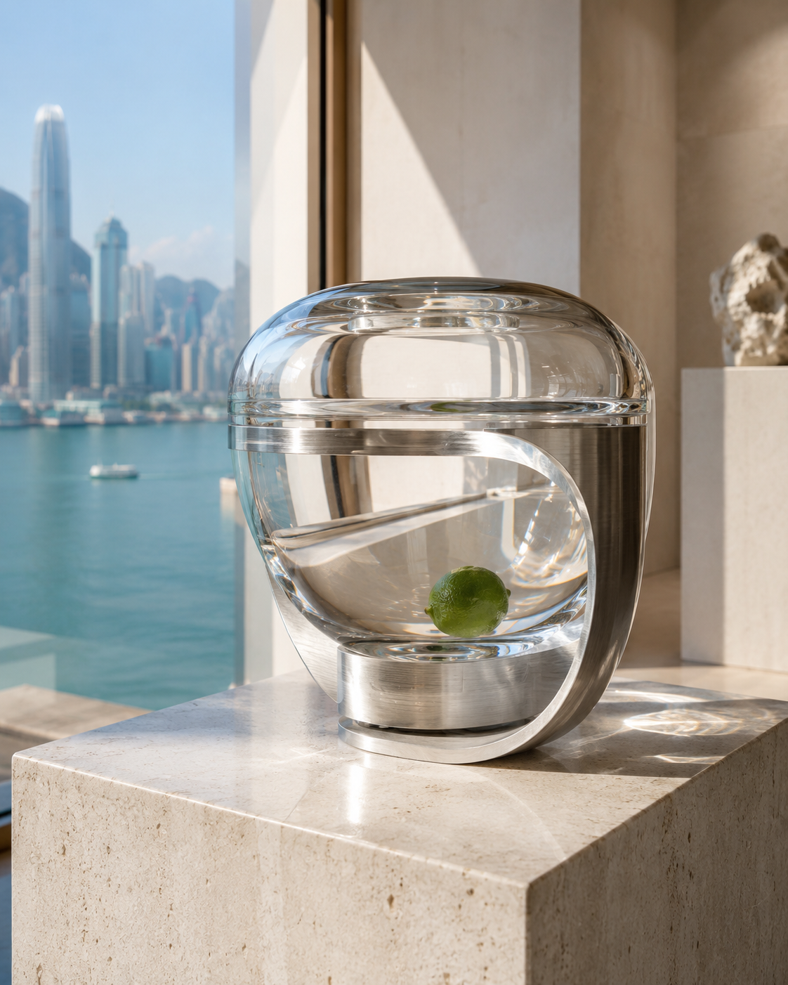 Glass and aluminium design object beside a sunlit Hong Kong harbour window