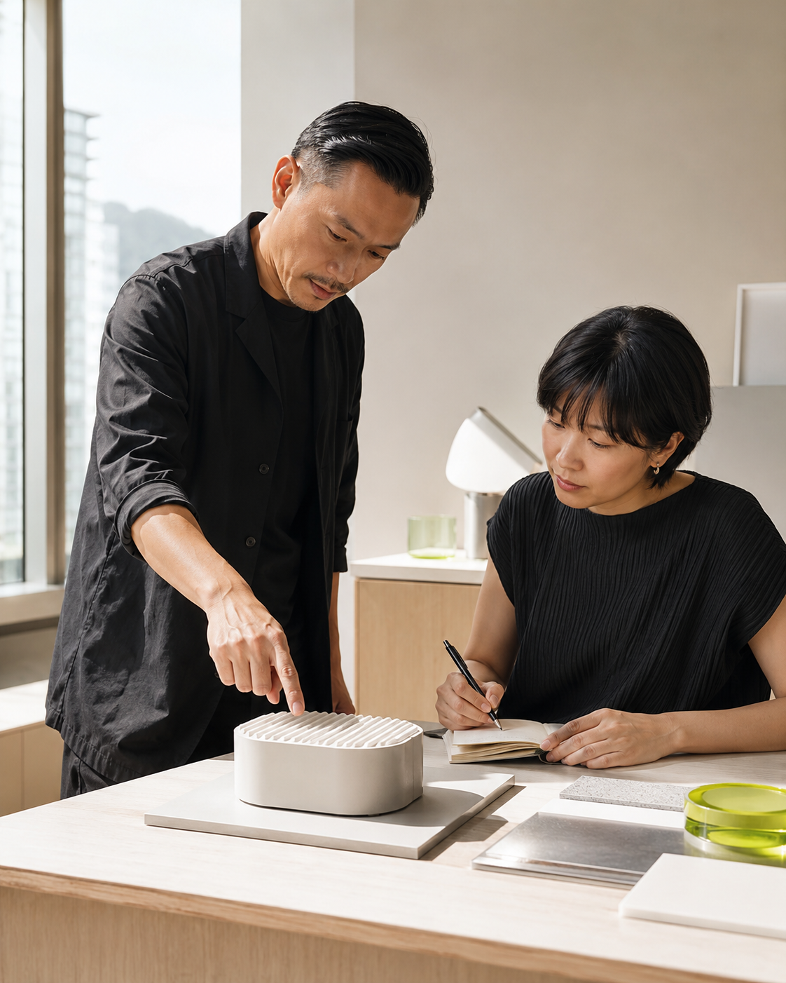 Two creatives reviewing a prototype in a sunlit design studio