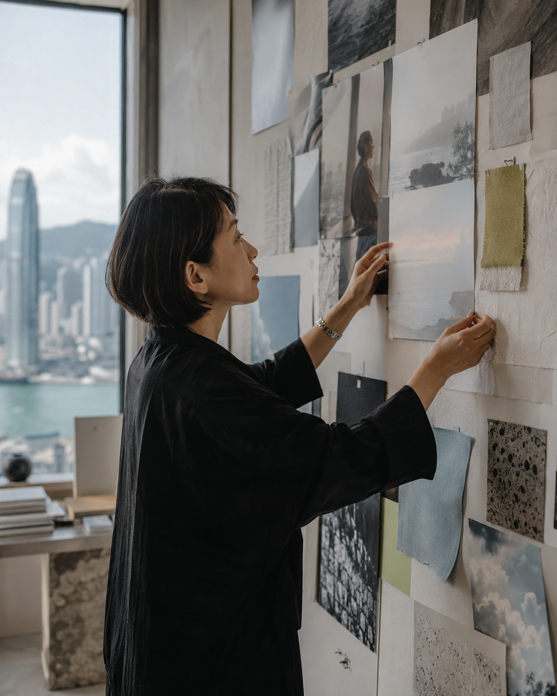 Art director arranging an editorial story wall