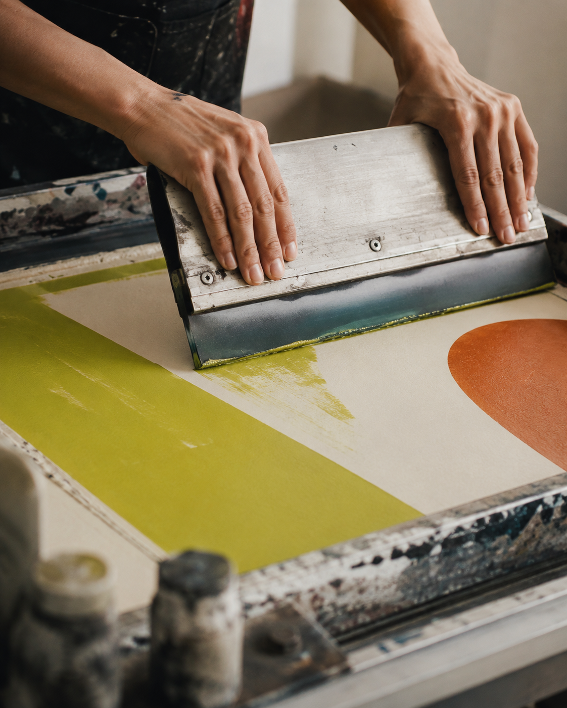 Hands producing an abstract screen print