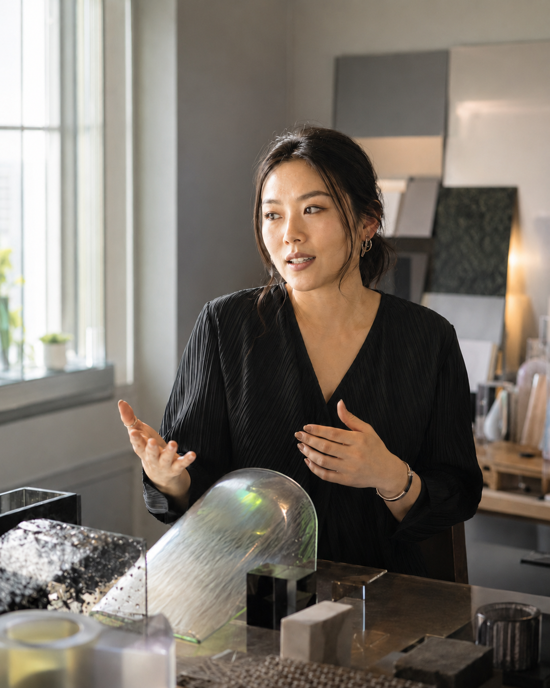 Creative founder sharing her story in a bright working studio