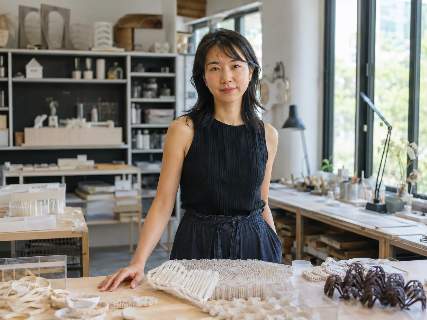 A founder portrait inside her bright creative workshop